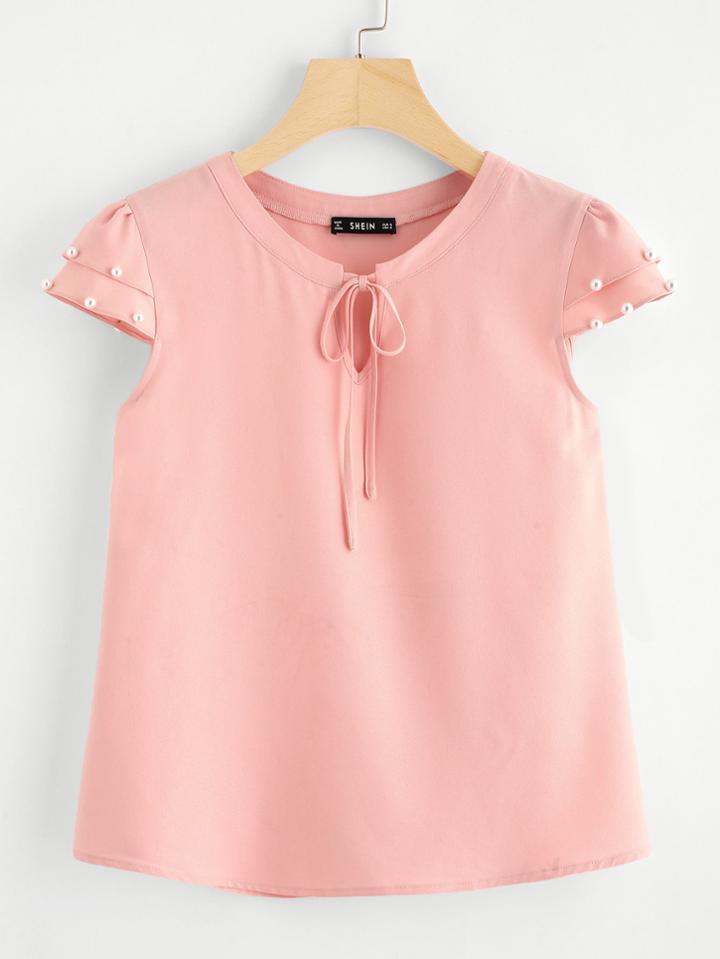 Shein Tie Front Pearl Embellished Cap Sleeve Top