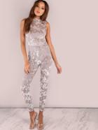 Shein Silver Leaf Pattern Sleeveless Skinny Jumpsuits