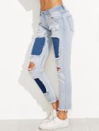 Shein Blue Ripped Skinny Ankle Jeans With Contrast Patch