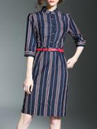 Shein Color Block Striped Belted Pockets Dress
