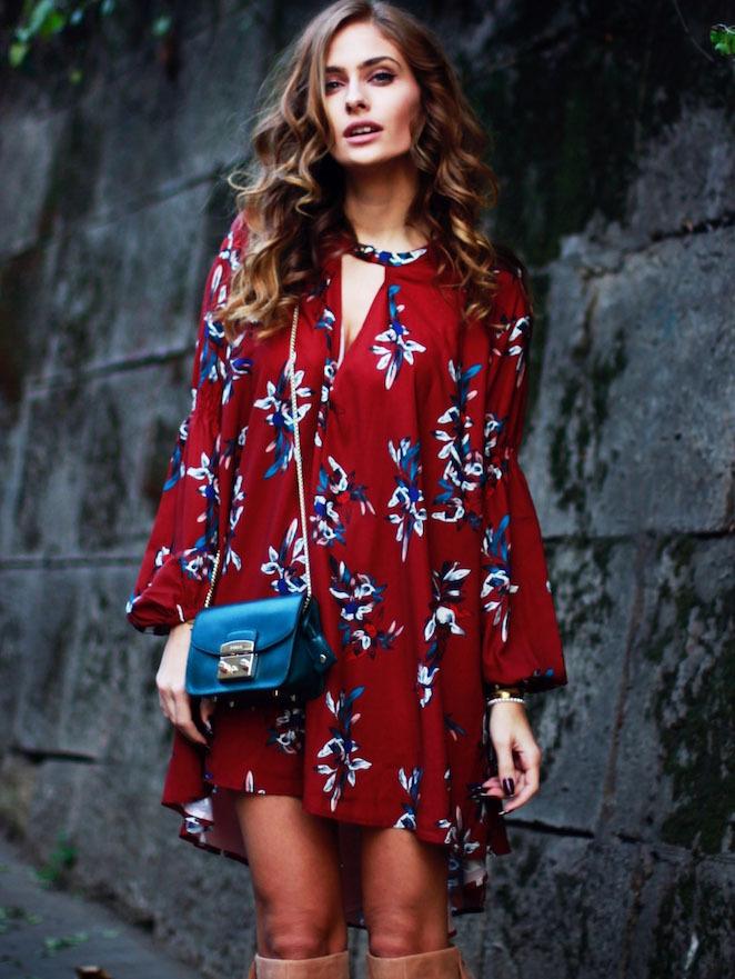 Shein Oxblood Baggy Long Sleeve Floral Flowery Dress