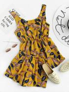 Shein Leaf Print Random Elastic Top And Shorts Set