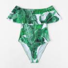 Shein Palm Leaf Print Flounce Bardot Swimsuit
