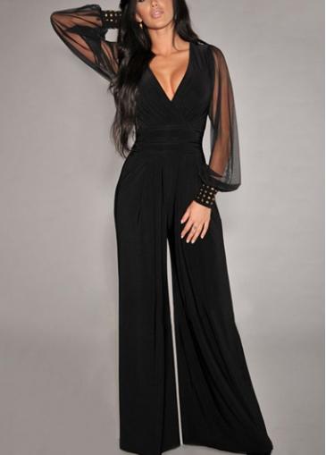 Rosewe V Neck Mesh Sleeve Black Boot Cut Jumpsuit