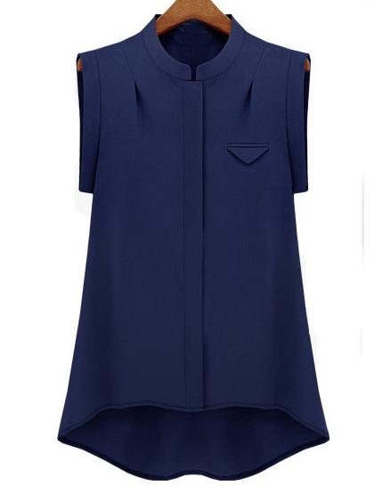 Shein Navy Stand Collar High Low Chiffon Blouse