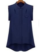 Shein Navy Stand Collar High Low Chiffon Blouse