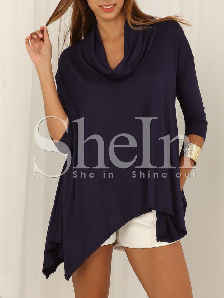 Shein Navy Half Sleeve Asymmetric T-shirt