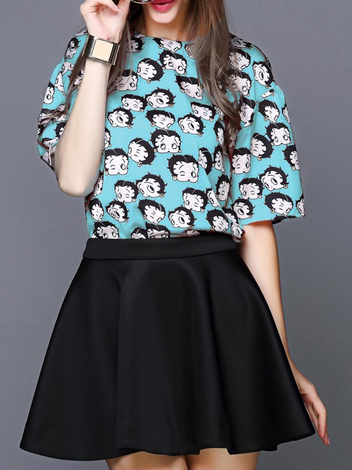 Shein Blue Round Neck Half Sleeve Cartoon Print Top With Skirt