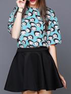 Shein Blue Round Neck Half Sleeve Cartoon Print Top With Skirt