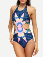 Shein Tribal Print Cutout One-piece Swimwear - Blue