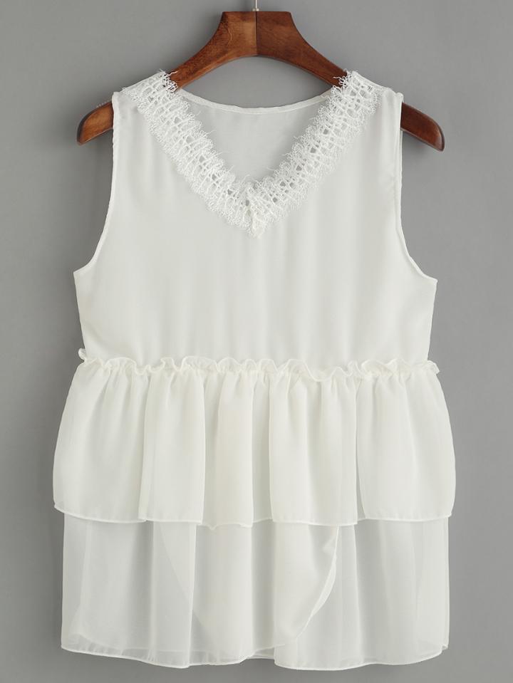 Shein White V Neck Lace Trim Ruffle Layered Top