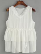 Shein White V Neck Lace Trim Ruffle Layered Top