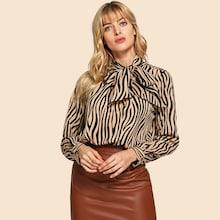 Shein Tied Neck Zebra Print Blouse