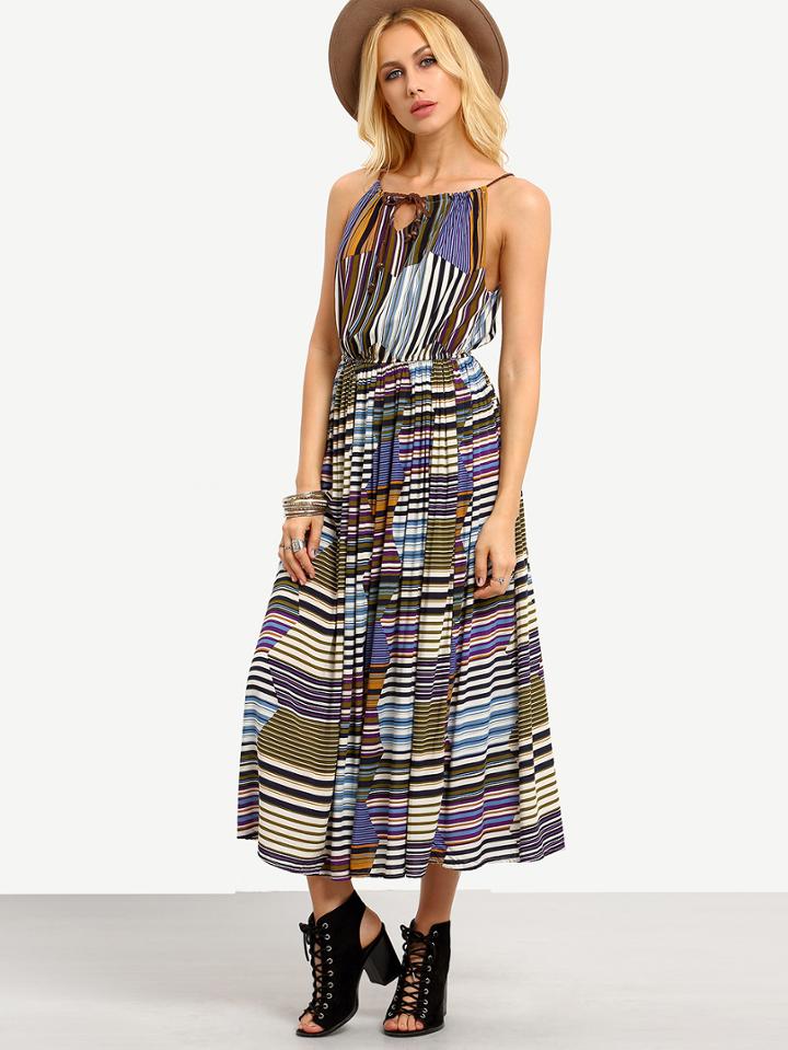 Shein Keyhole Tie-neck Striped Cami Dress