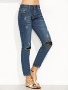 Shein Blue Ripped Lace Insert Studded Ankle Jeans