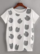 Shein White Cats Print Short Sleeve T-shirt