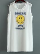 Shein White Smiling Face Print Ruffle Neck Sleeveless Dress