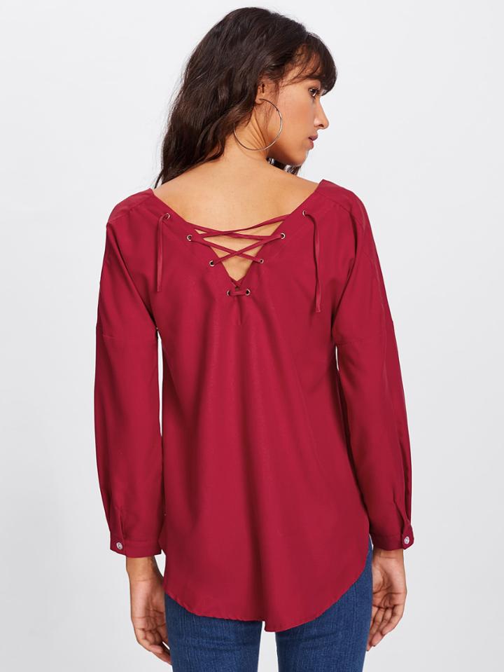 Shein Double Plunge Lace Up Back Blouse