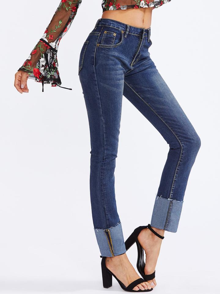 Shein Raw Hem Cuffed Straight Jeans
