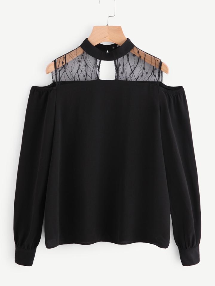Shein Vine Mesh Yoke Open Shoulder Blouse