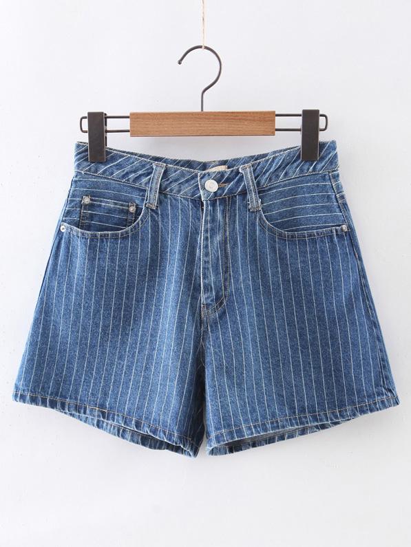 Shein Blue Stripe Pockets Zipper Denim Shorts