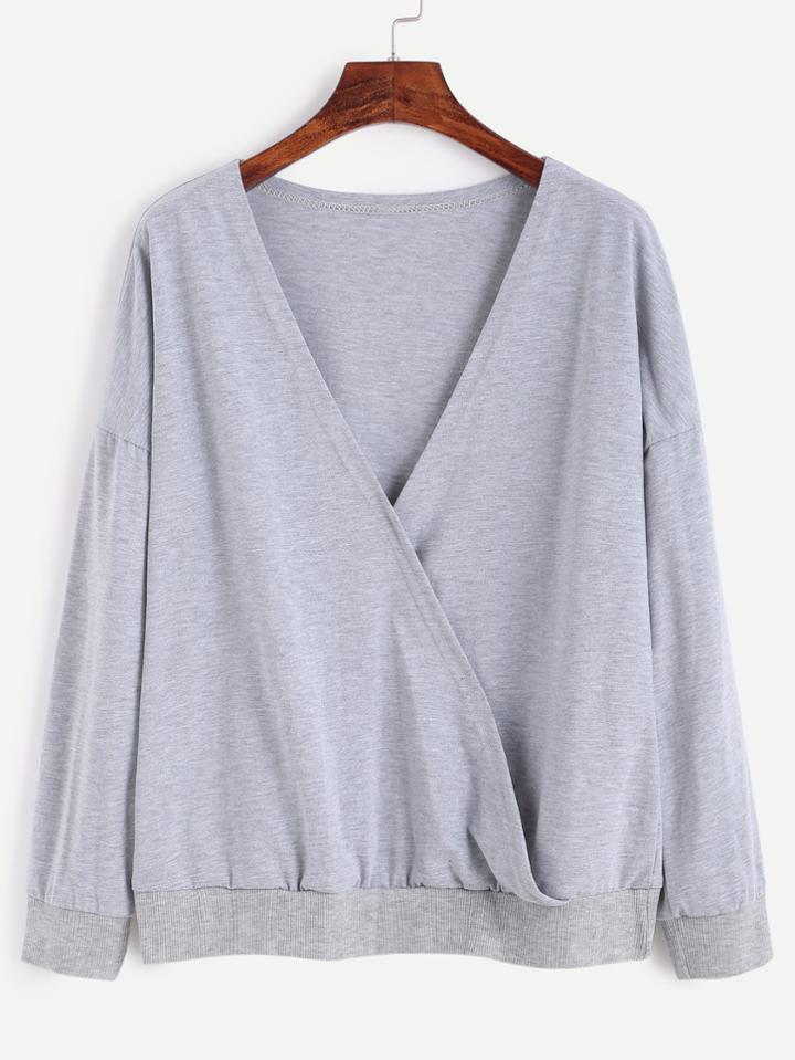 Shein Grey V Neck Drop Shoulder Wrap Sweatshirt