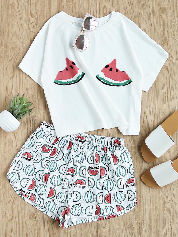 Shein Watermelon Print Tee And Shorts Set