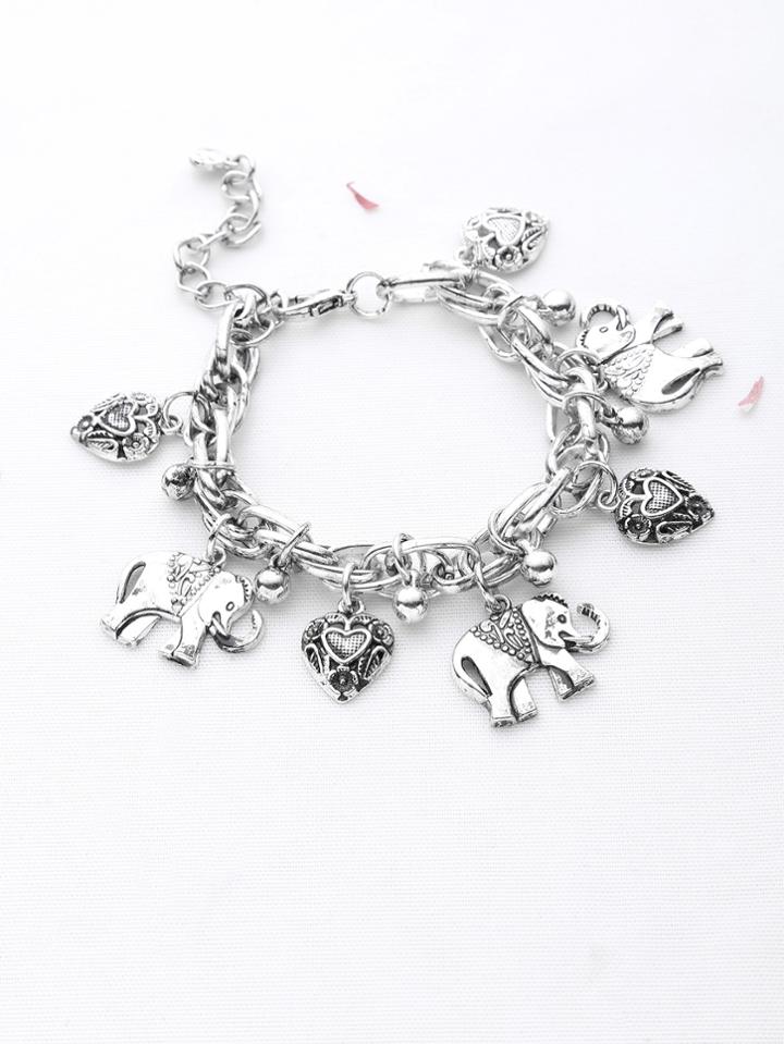 Shein Elephant And Flower Carved Heart Shaped Link Bracelet