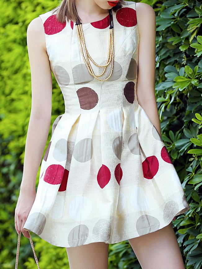 Shein Beige Round Neck Sleeveless Polka Dot Print Dress