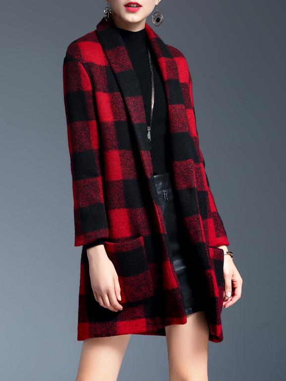 Shein Red Black Plaid Pockets Coat