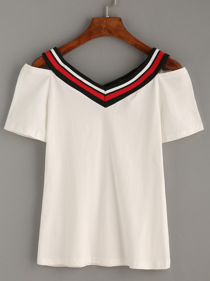 Shein Splicing White Cold Shoulder T-shirt