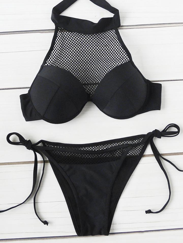 Shein Net Detail Side Tie Halter Bikini Set