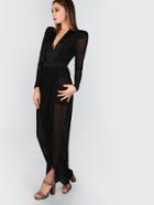 Shein Deep V Neck  Shoulder Pads Sheer Wrap Dress Black