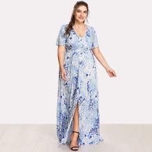 Shein Plus Button Front Shirred Waist Abstract Print Dress