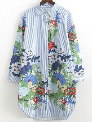 Shein Blue Flower Print Vertical Striped Shirt Dress