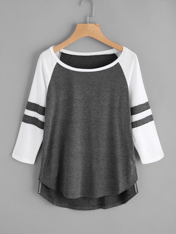 Shein Varsity-striped Dip Hem Tee