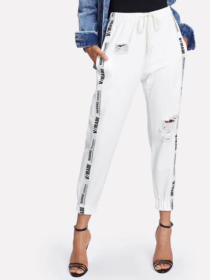 Shein Letter Print Contrast Side Ripped Elastic Hem Jeans
