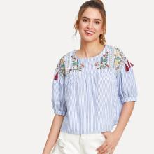 Shein Lantern Sleeve Stripe Embroidered Smock Top