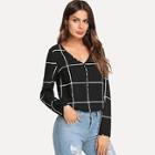 Shein Button Front V-neck Plaid Top