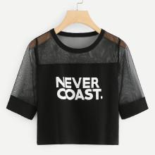 Shein Letter Print Sheer Mesh Panel Tee