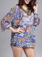 Shein Multicolor V Neck Leaves Print Bead Embroidered Chiffon Top