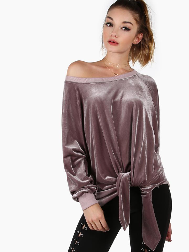 Shein Purple Asymmetric Off The Shoulder Velvet Sweatshirt