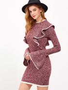 Shein Burgundy Marled Knit Contrast Binding Ruffle Dress