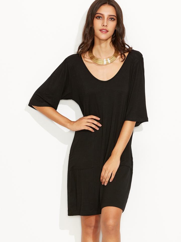 Shein Black Scoop Neck Pocket Tee Dress
