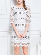 Shein White Half Sleeve Hollow Embroidered Dress