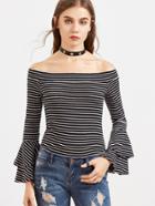 Shein Black And White Striped Bell Sleeve Off The Shoulder T-shirt