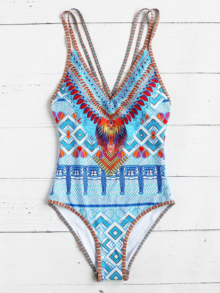 Shein Crisscross Tribal Print One-piece Swimsuit
