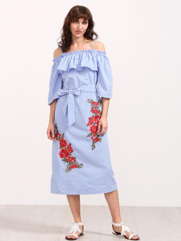 Shein Striped Embroidered Rose Applique Cold Shoulder Dress
