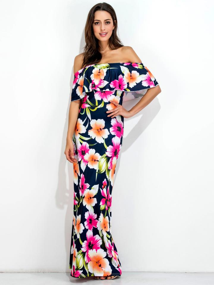 Shein Allover Florals Flounce Layered Neckline Dress