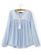 Shein Blue Tie Neck Crochet Dipped Hem Blouse